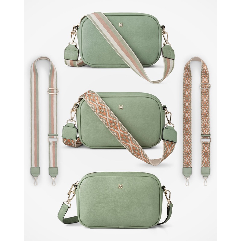 Monica Crossbody Bag & 3 Straps – One Bag 3 Ways Sage Green + Sage Green Stripe + Sage Green Aztec