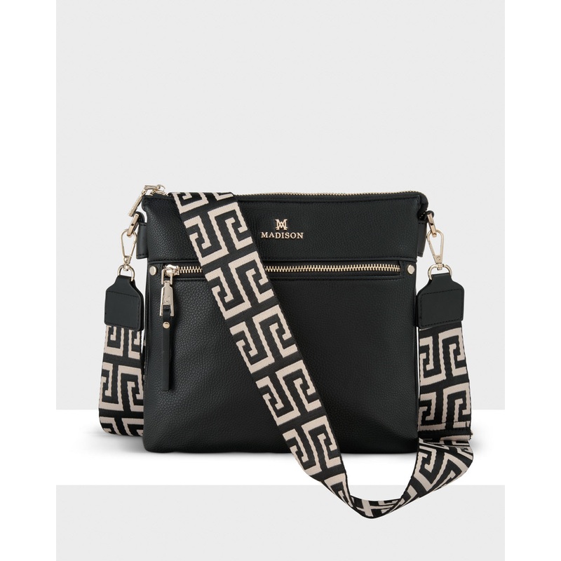 Renee Zip Top 2 Compartment Crossbody Bag + Graphic Bag Strap Black + Black & Stone