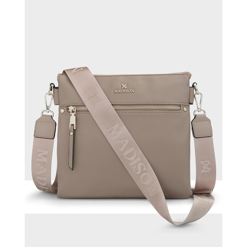 Renee Zip Top 2 Compartment Crossbody Bag + Monogram Bag Strap Taupe + Taupe