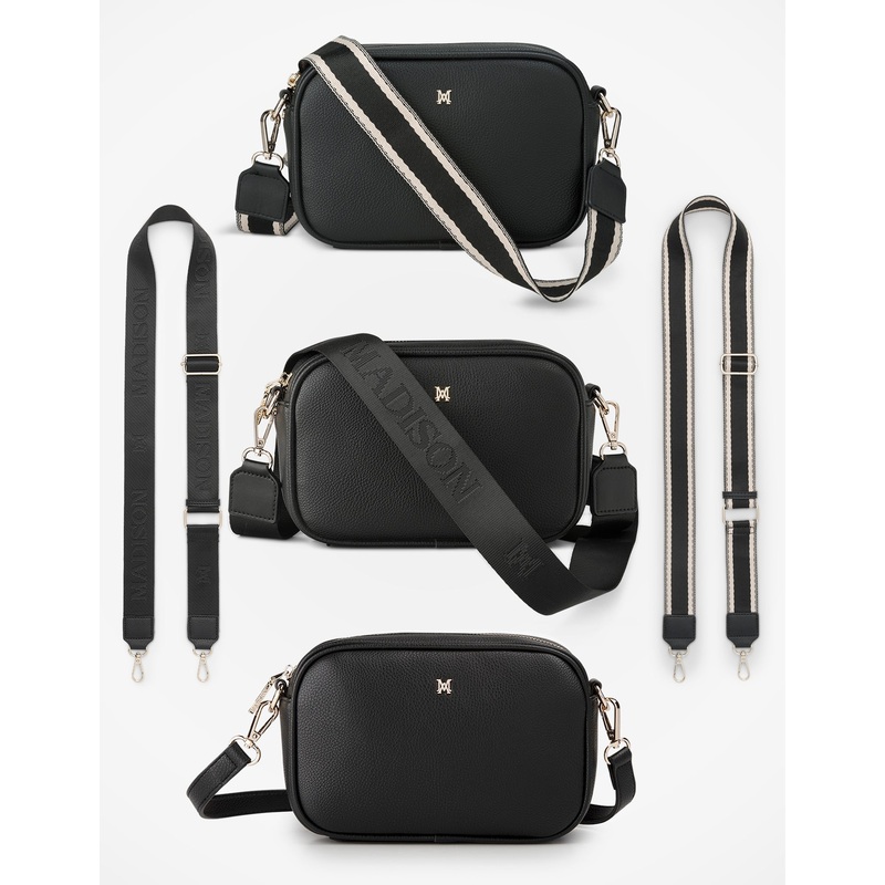 Monica Crossbody Bag & 3 Straps – One Bag 3 Ways Black + Monogram + Black & Stone Stripe