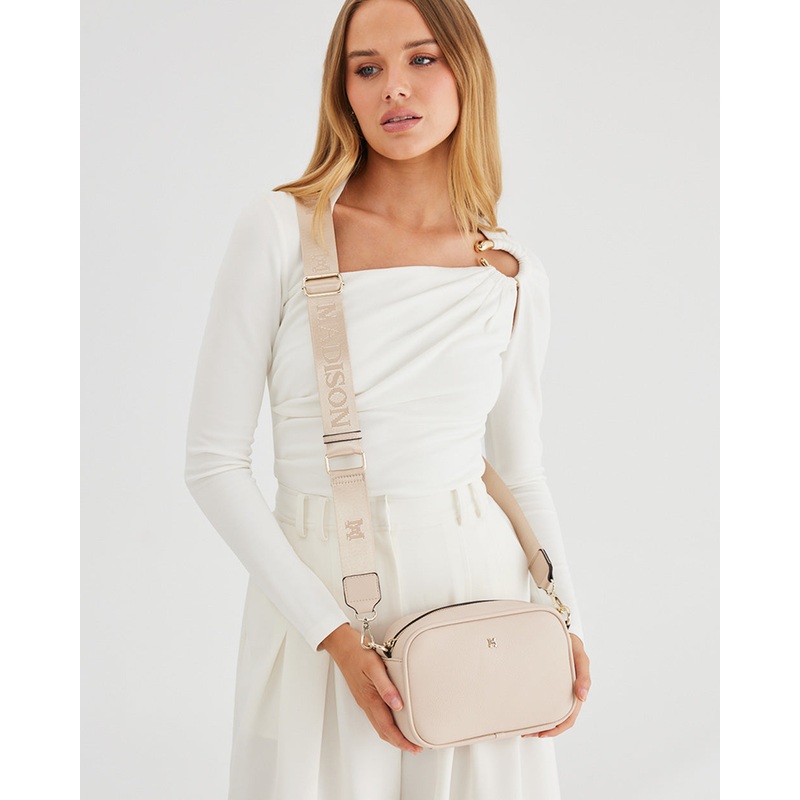 Monica Crossbody Bag & 3 Straps – One Bag 3 Ways Nude + Monogram + Stone, Black & White Stripe