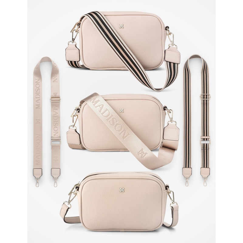 Monica Crossbody Bag & 3 Straps – One Bag 3 Ways Nude + Monogram + Stone, Black & White Stripe