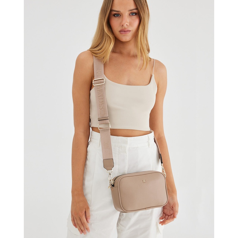 Monica Crossbody Bag & 3 Straps – One Bag 3 Ways Taupe + Monogram + Taupe, Black & Stone Stripe