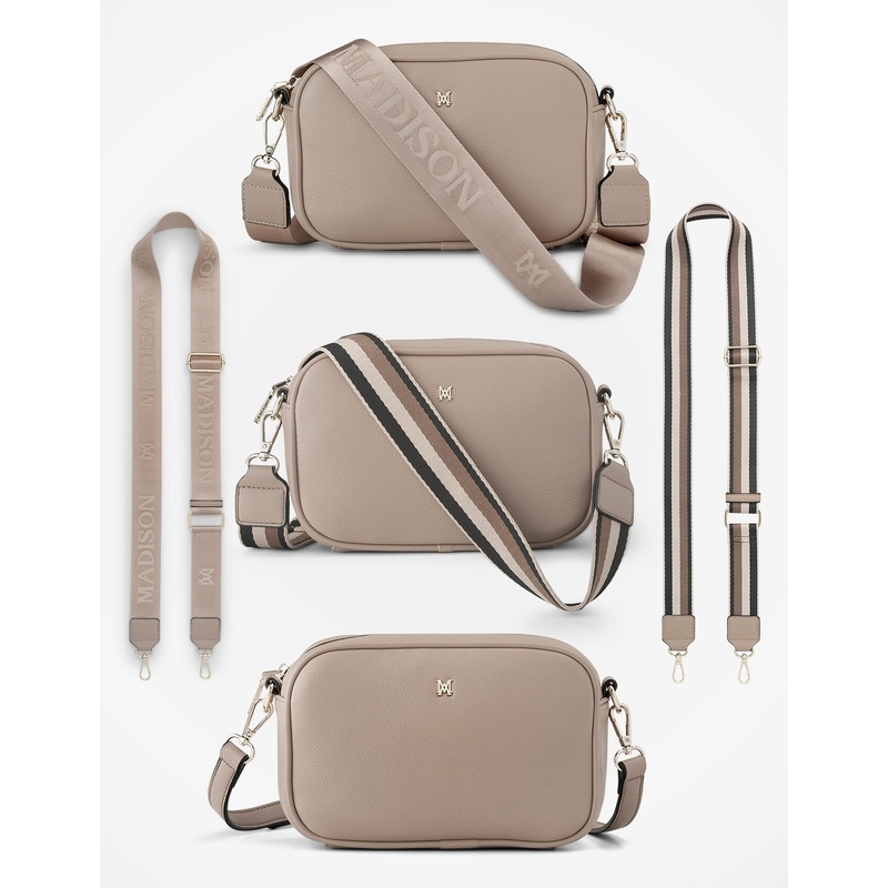 Monica Crossbody Bag & 3 Straps – One Bag 3 Ways Taupe + Monogram + Taupe, Black & Stone Stripe