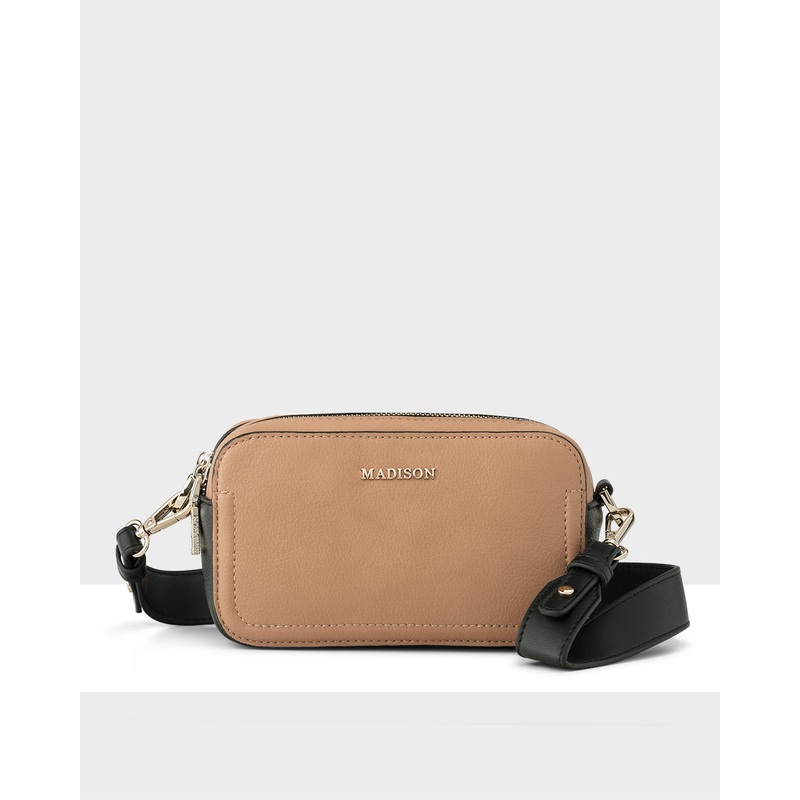 Maddie Double Zip Camera Crossbody Bag + Aztec Bag Strap Caramel / Black + Natural, Caramel & Black