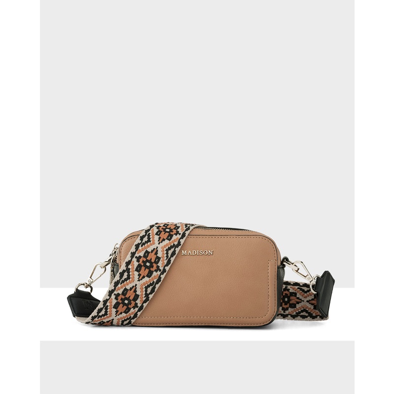 Maddie Double Zip Camera Crossbody Bag + Aztec Bag Strap Caramel / Black + Natural, Caramel & Black
