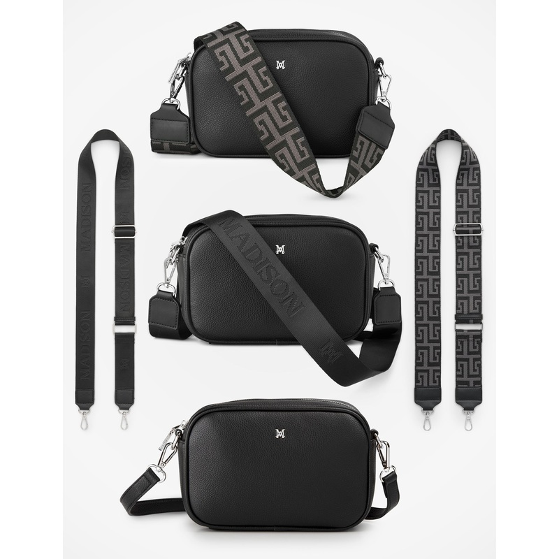 Monica Crossbody Bag & 3 Straps – One Bag 3 Ways Black / Silver + Monogram + Black Grey Graphic