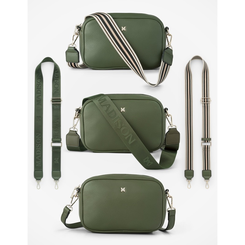 Monica Crossbody Bag & 3 Straps – One Bag 3 Ways Olive Green + Monogram + Stone, Black & White Stripe