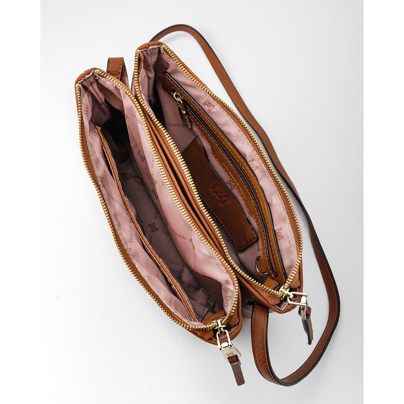 Charlotte Double Zip Crossbody Bag – Fixed Strap Dk Tan