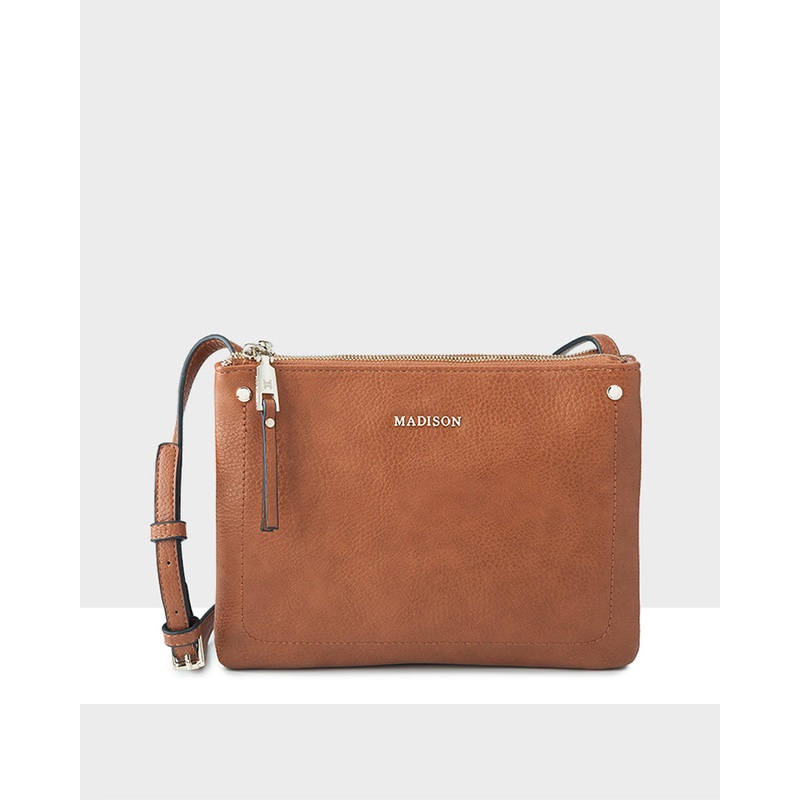Charlotte Double Zip Crossbody Bag – Fixed Strap Dk Tan