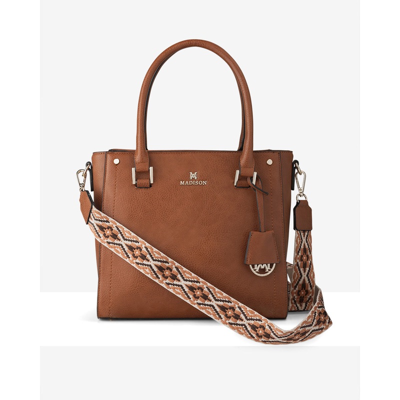 Angie Medium 3 Compartment Satchel Bag + Aztec Bag Strap Dk Tan + Browns