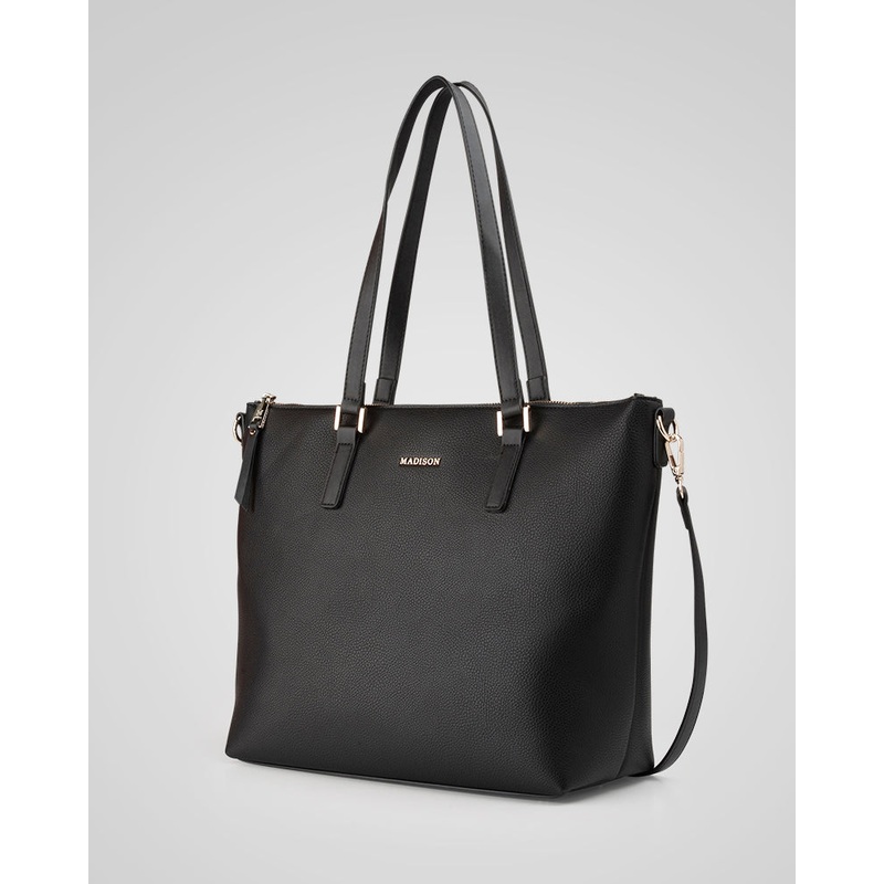 Inga Large Zip Top Tote Bag + Stripe Bag Strap Black + Black & Tan