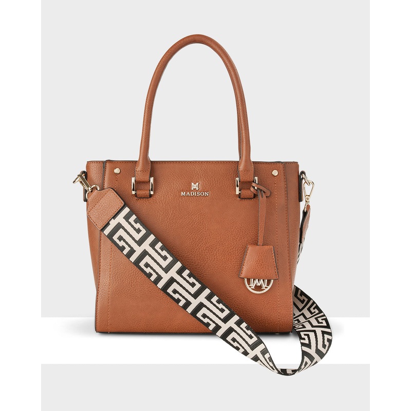 Angie Medium 3 Compartment Satchel Bag + Graphic Bag Strap Dk Tan + Black & Stone