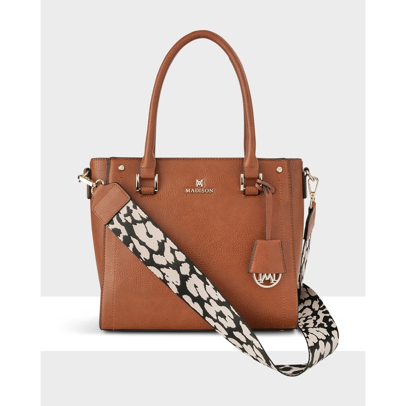 Angie Medium 3 Compartment Satchel Bag + Leopard Bag Strap Dk Tan + Black & Stone