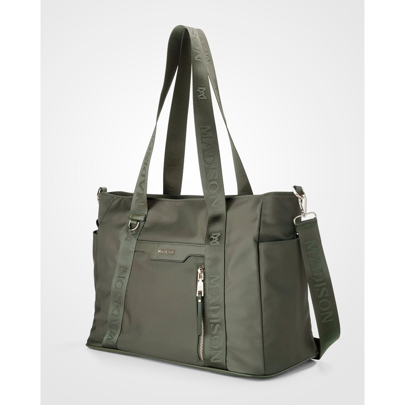 Anita Large Nylon Tote Bag With Monogram Webbing Strap Olive Green