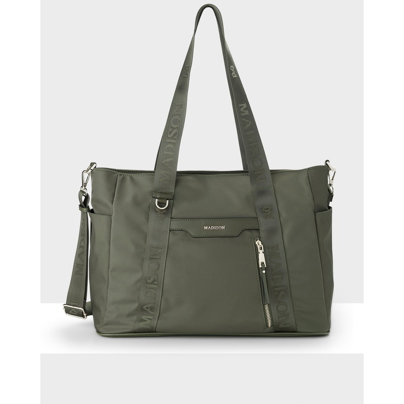 Anita Large Nylon Tote Bag With Monogram Webbing Strap Olive Green