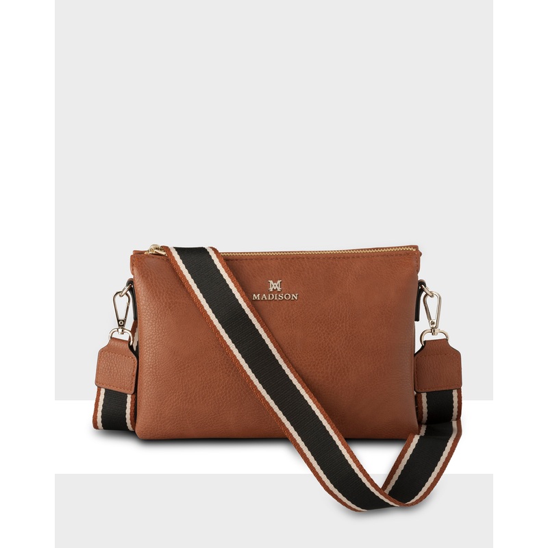 Avery 3 Compartment Crossbody Bag + Stripe Bag Strap Dk Tan + Black & Tan