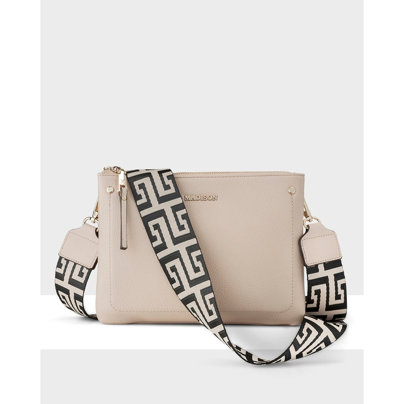Charlotte Double Zip Crossbody Bag + Graphic Bag Strap Nude + Black & Stone
