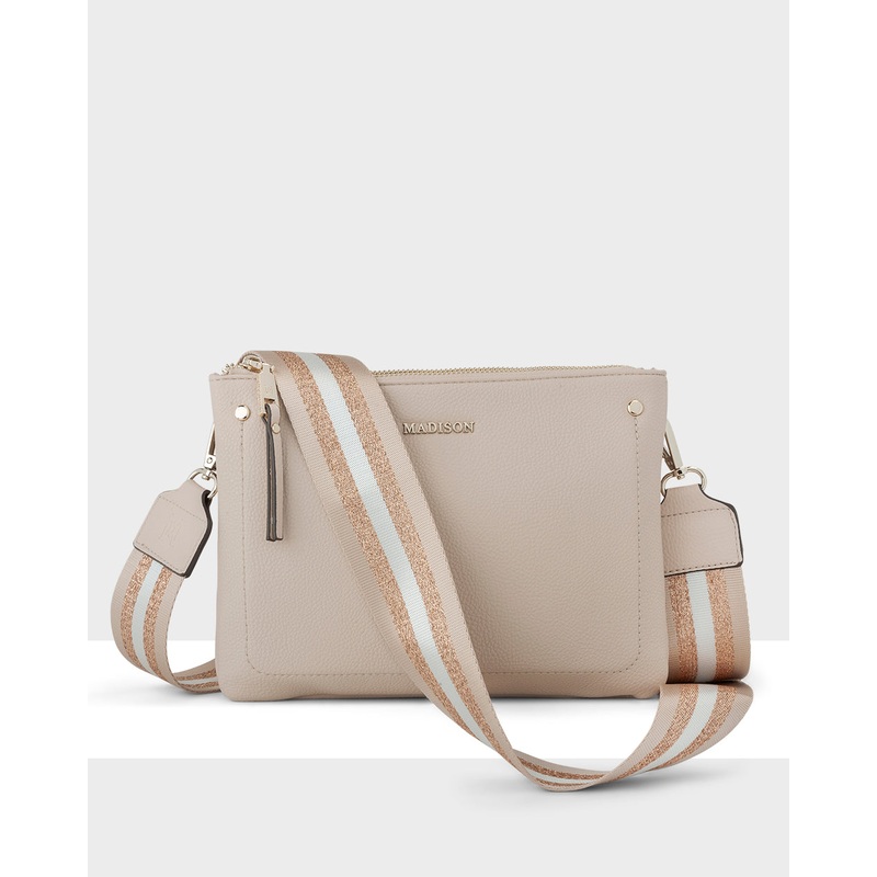 Charlotte Double Zip Crossbody Bag + Metallic Stripe Bag Strap Nude + Nude, White, Rose Gold