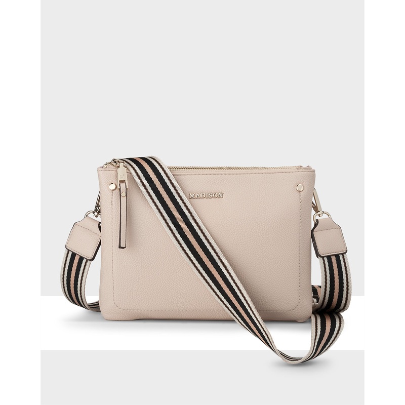 Charlotte Double Zip Crossbody Bag + Stripe Bag Strap Nude + Stone, White & Black