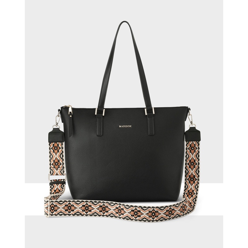 Inga Large Zip Top Tote Bag With Laptop Pocket + Aztec Bag Strap Black + Caramel & Black