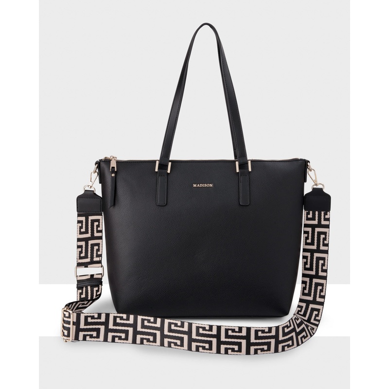 Inga Large Zip Top Tote Bag With Laptop Pocket + Graphic Bag Strap Black + Black & Stone
