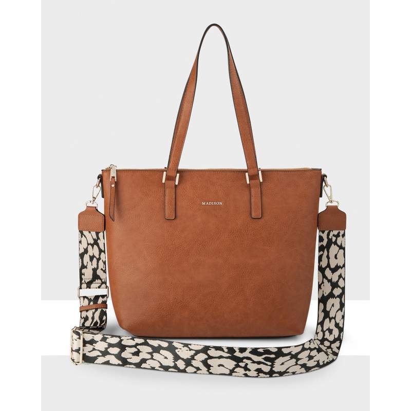 Inga Large Zip Top Tote Bag With Laptop Pocket + Leopard Bag Strap Dk Tan + Black & Stone