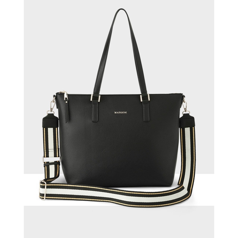 Inga Large Zip Top Tote Bag With Laptop Pocket + Metallic Stripe Bag Strap Black + White, Black & Gold