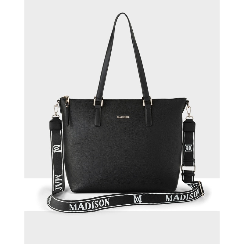 Inga Large Zip Top Tote Bag With Laptop Pocket + Monogram Stripe Bag Strap Black + Black & White