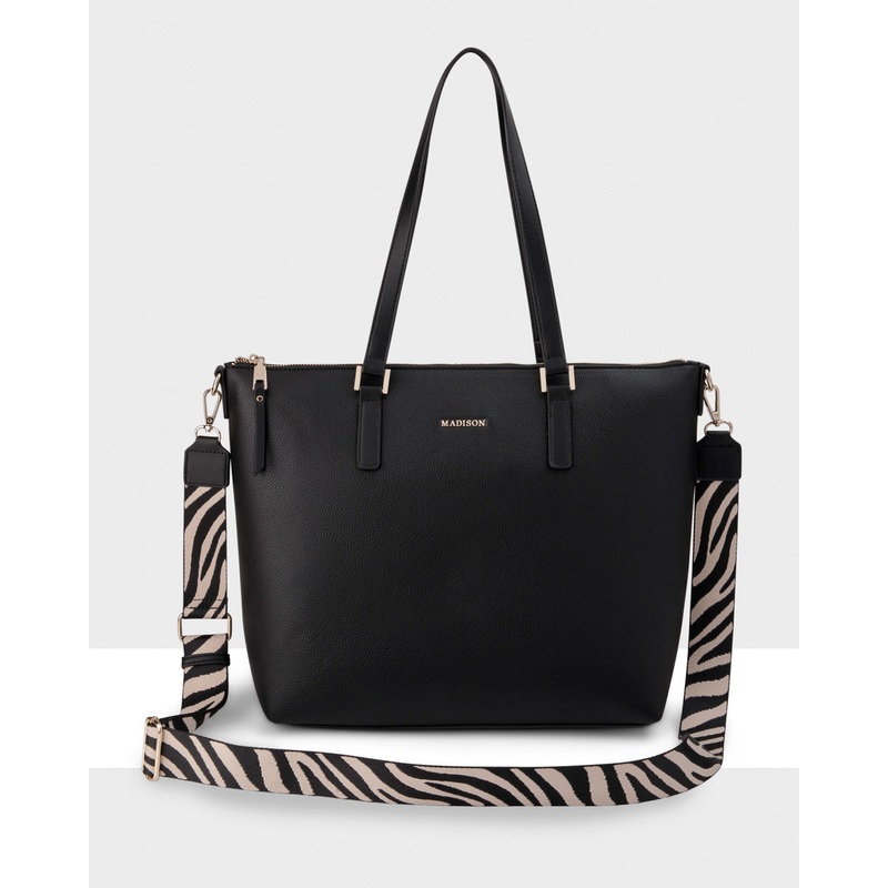 Inga Large Zip Top Tote Bag With Laptop Pocket + Zebra Bag Strap Black + Black & Stone