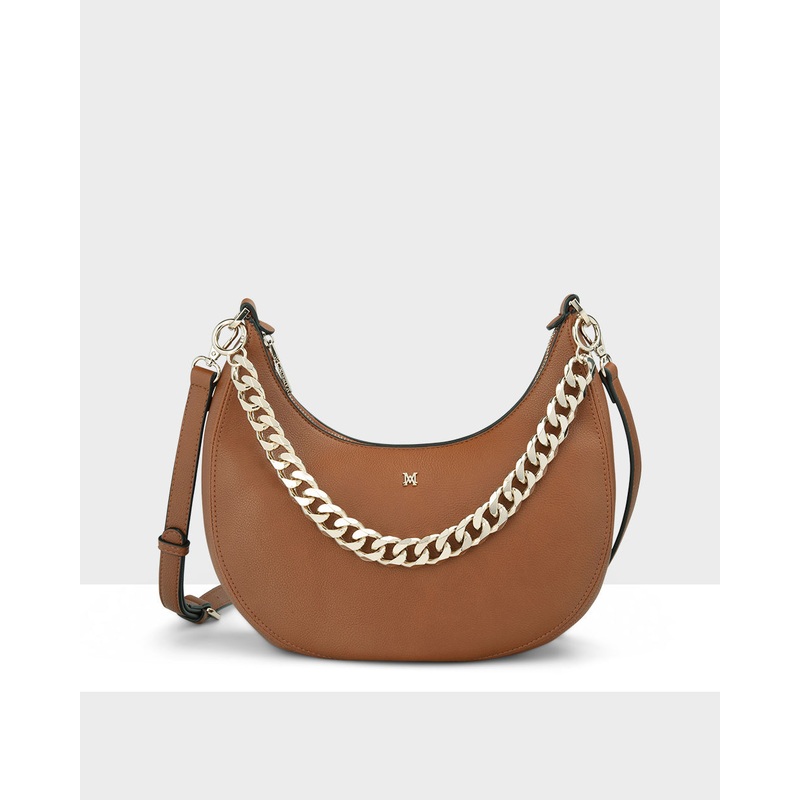 Pia Crescent Shoulder Bag With Crossbody Strap + Chunky Chain Strap Lt Tan + Lt Gold