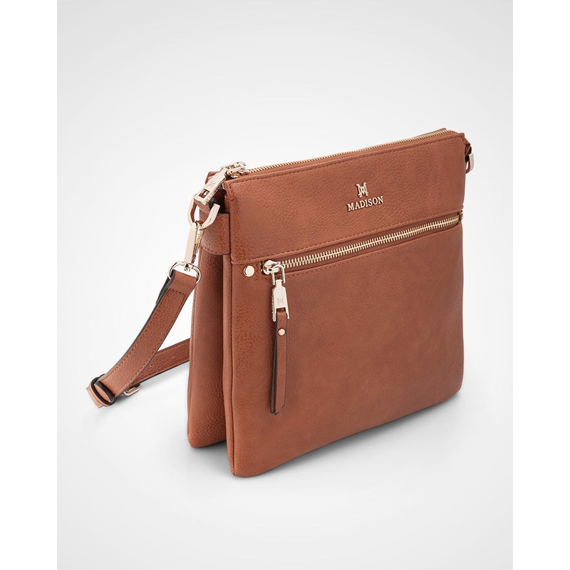 Renee Zip Top 2 Compartment Crossbody Bag + Stripe Bag Strap Dk Tan + Black & Tan