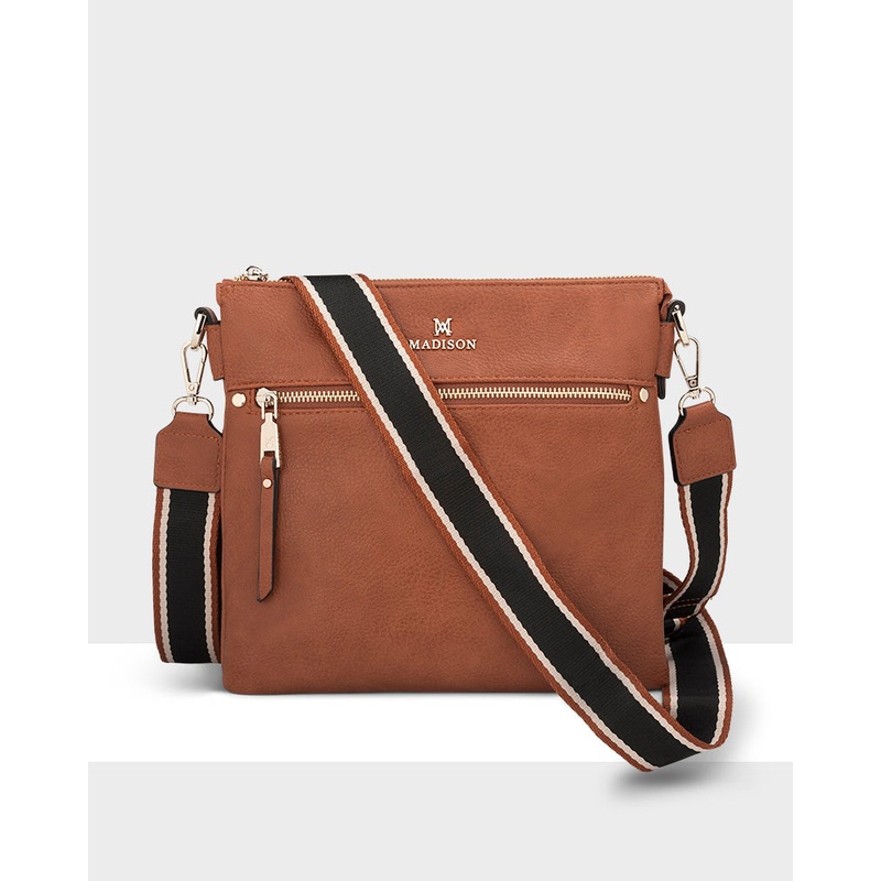 Renee Zip Top 2 Compartment Crossbody Bag + Stripe Bag Strap Dk Tan + Black & Tan