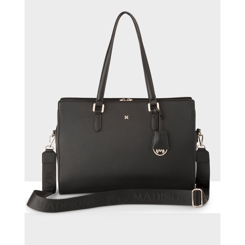 Sheree Laptop Tote Work Bag With Monogram Crossbody Strap Black