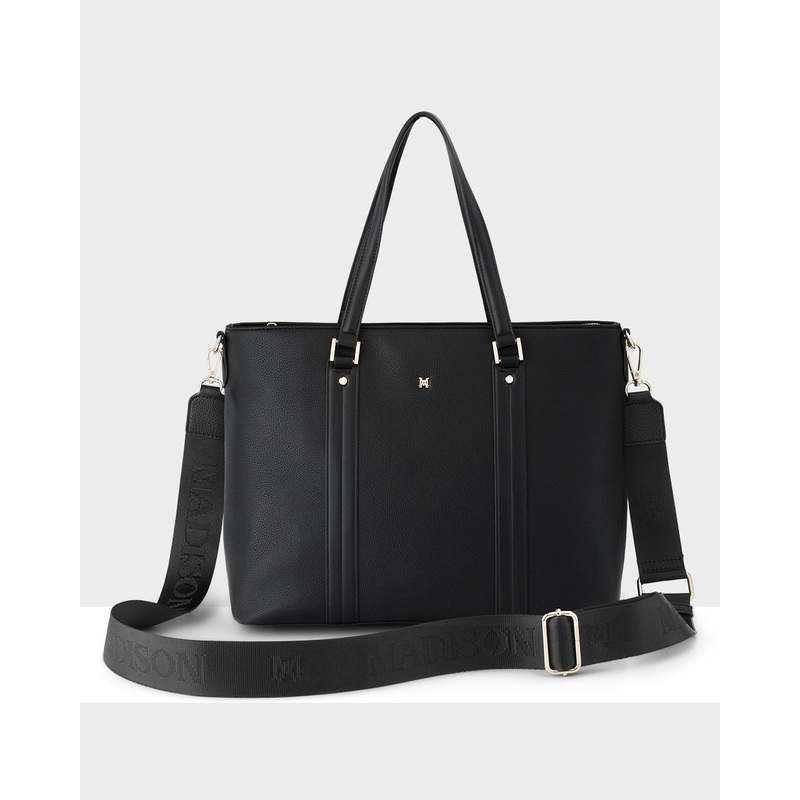 Tara Laptop Tote Work Bag + Monogram Bag Strap Black + Black