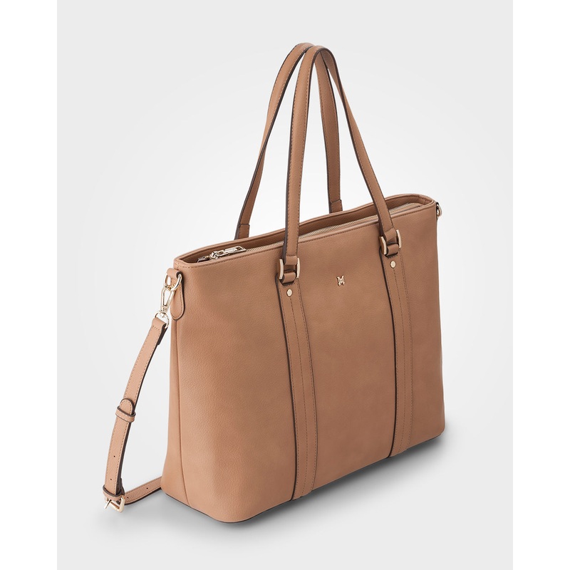 Tara Laptop Tote Work Bag + Monogram Bag Strap Caramel + Caramel