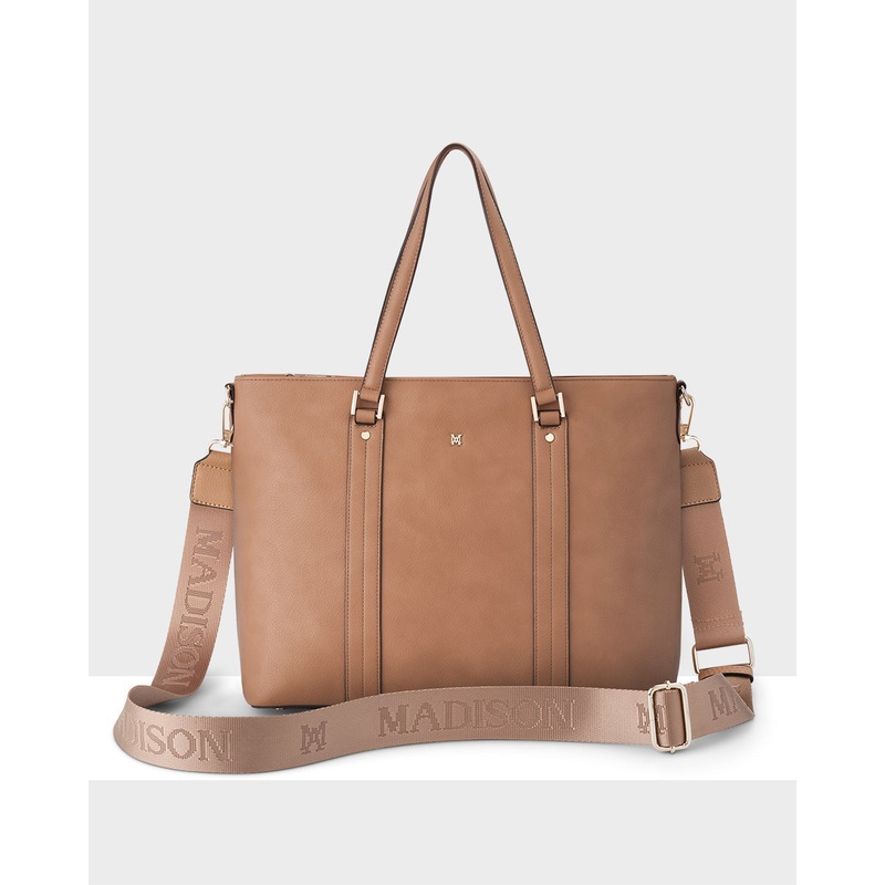 Tara Laptop Tote Work Bag + Monogram Bag Strap Caramel + Caramel