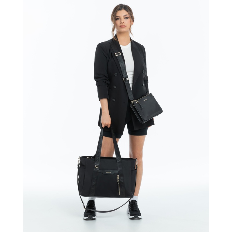 Anita Large Nylon Tote Bag With Monogram Webbing Strap Black