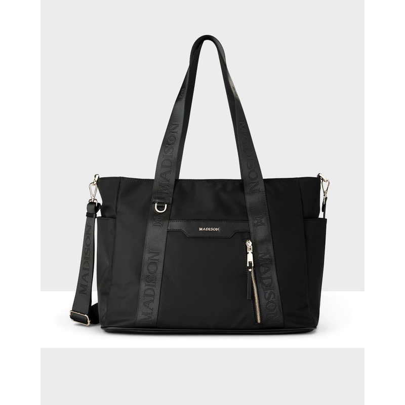 Anita Large Nylon Tote Bag With Monogram Webbing Strap Black