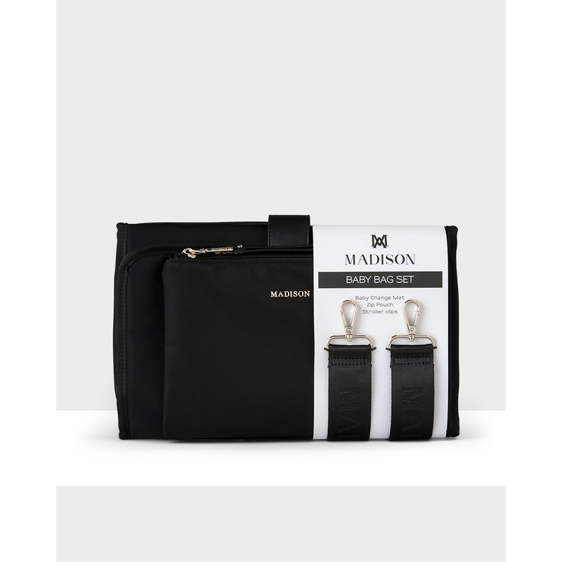 Baby 3 Piece Set – Change Mat, Stroller Clip & Zip Pouch Black Nylon