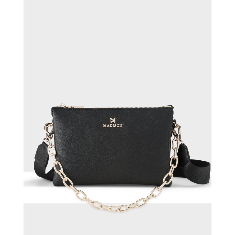 Avery 3 Compartment Crossbody Bag + Monogram Bag Strap + Chain Strap Black + Black + Lt Gold