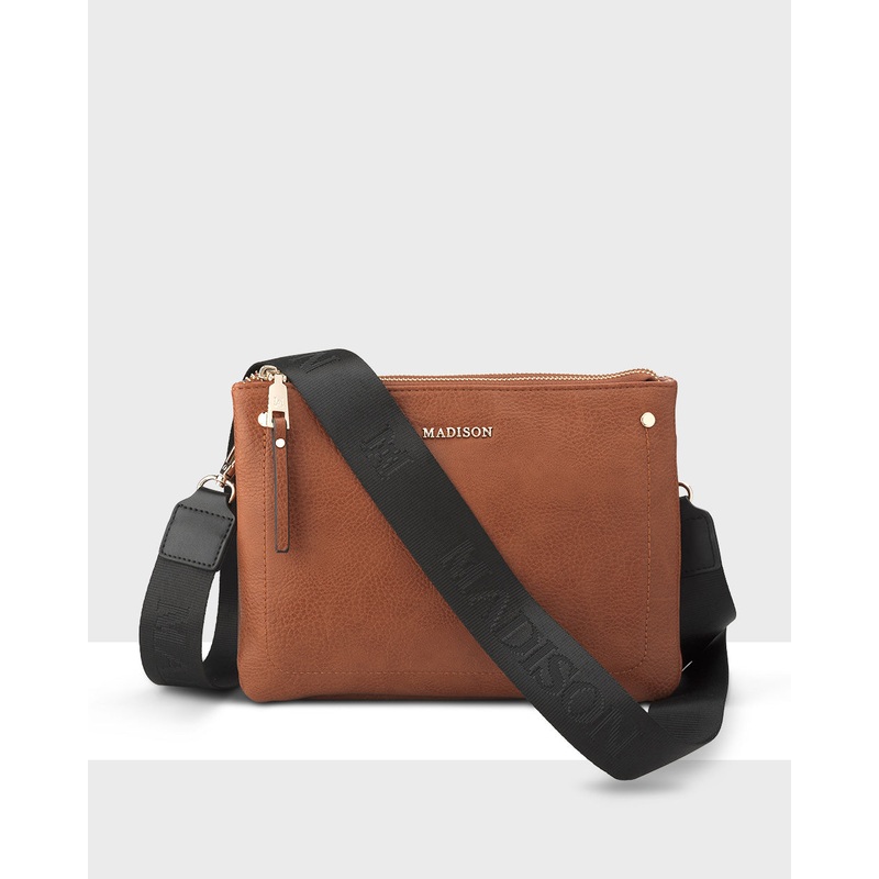 Charlotte Double Zip Crossbody Bag + Monogram Bag Strap Dk Tan + Black