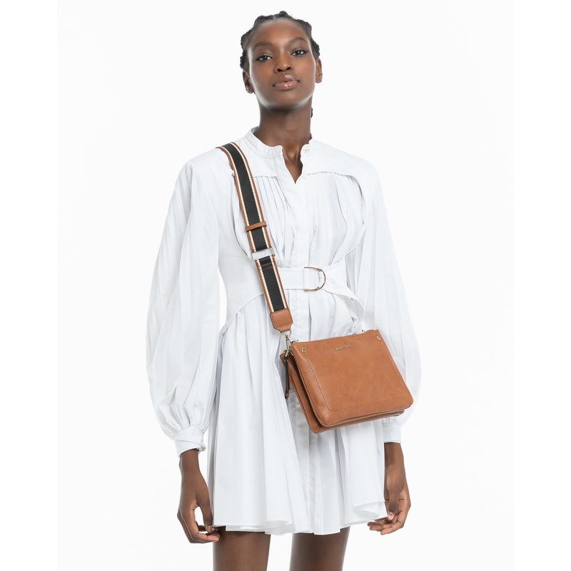 Charlotte Double Zip Crossbody Bag + Stripe Bag Strap Dk Tan + Black & Tan