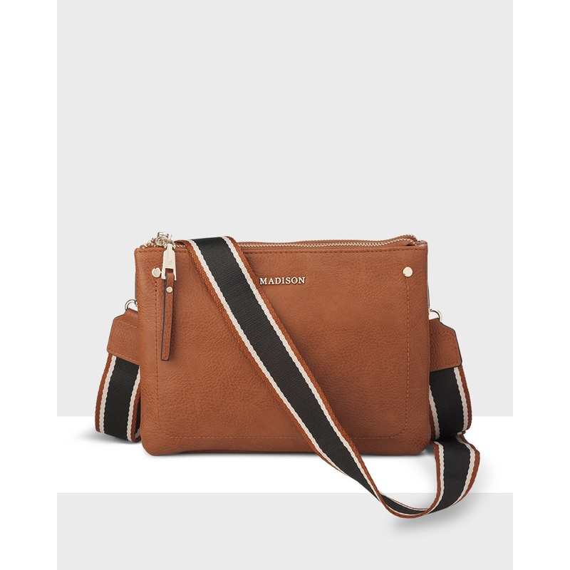 Charlotte Double Zip Crossbody Bag + Stripe Bag Strap Dk Tan + Black & Tan