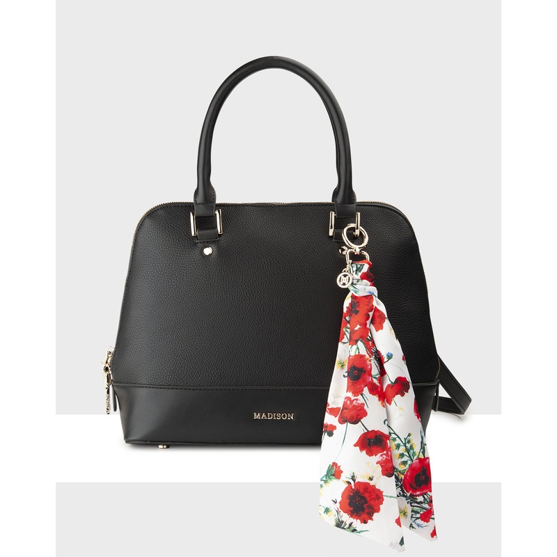 Grace Medium Dome Satchel Bag + Scarf Charm Black + Poppy Floral