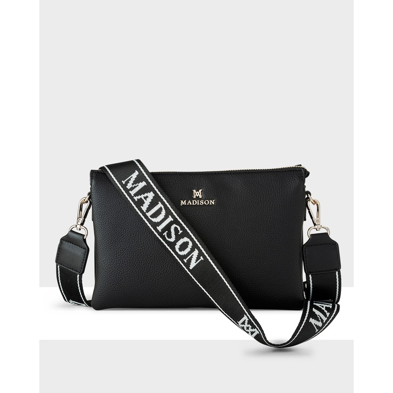 Avery 3 Compartment Crossbody Bag + Monogram Stripe Bag Strap Black + Black & White