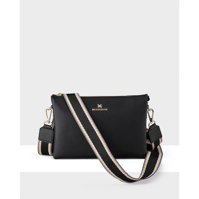 Avery 3 Compartment Crossbody Bag + Stripe Bag Strap Black + Black & Stone