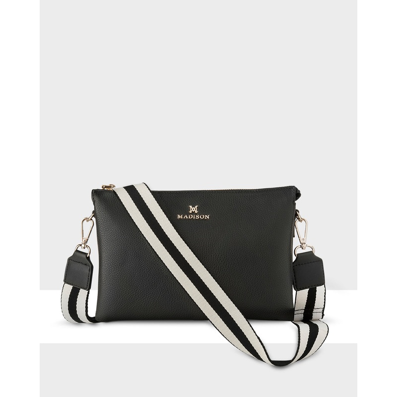 Avery 3 Compartment Crossbody Bag + Stripe Bag Strap Black + Black & White