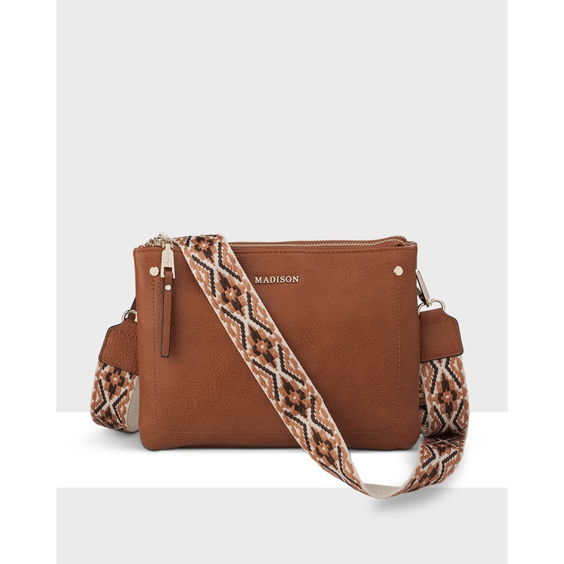 Charlotte Double Zip Crossbody Bag + Aztec Bag Strap Dk Tan + Browns