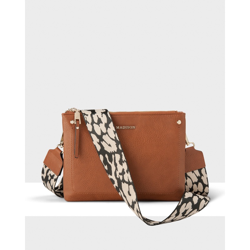 Charlotte Double Zip Crossbody Bag + Leopard Bag Strap Dk Tan + Black & Stone